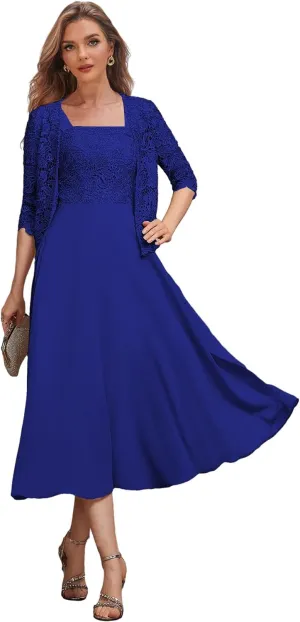 2 Pieces Mother of The Bride Dresses for Women Tea Length Formal Dress with Jacket Lace Evening Gown