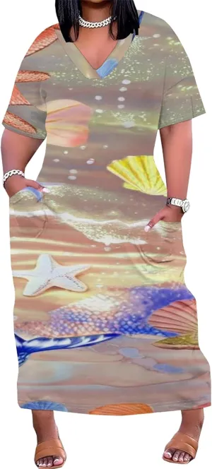 2024 Fahion Women's Plus Size Maxi Dresses Summer V Neck Casual Short Sleeve Party Long Sundress XL-6XL with Pockets