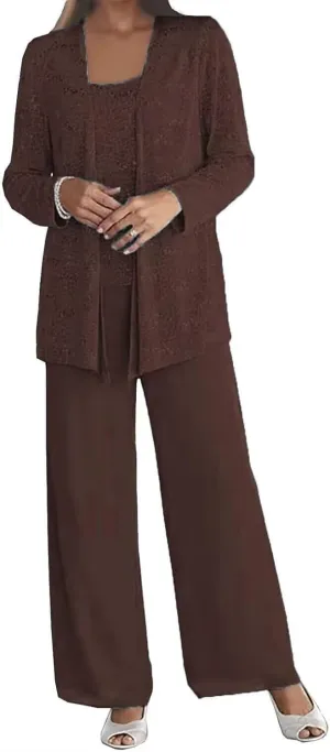 3 Pieces Dressy Pantsuits for Wedding Guest Chiffon Lace Mother of The Bride Pants Suits with Jackets