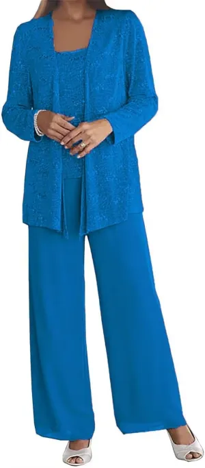 3 Pieces Dressy Pantsuits for Wedding Guest Chiffon Lace Mother of The Bride Pants Suits with Jackets
