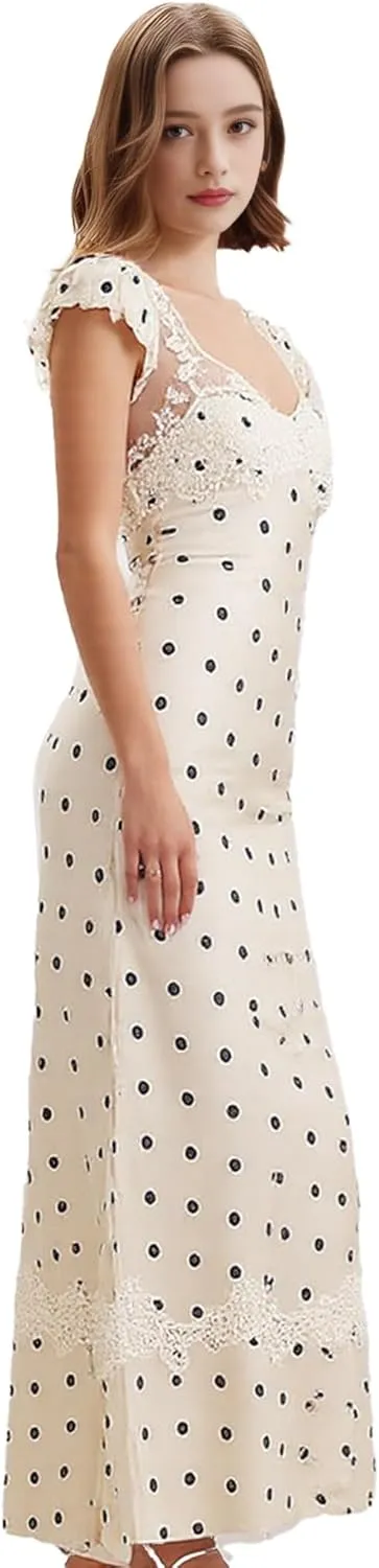 Aesthetic White Lace Satin Maxi Polka Dot Dress Romantic Backless Silk Party Dresses for Women