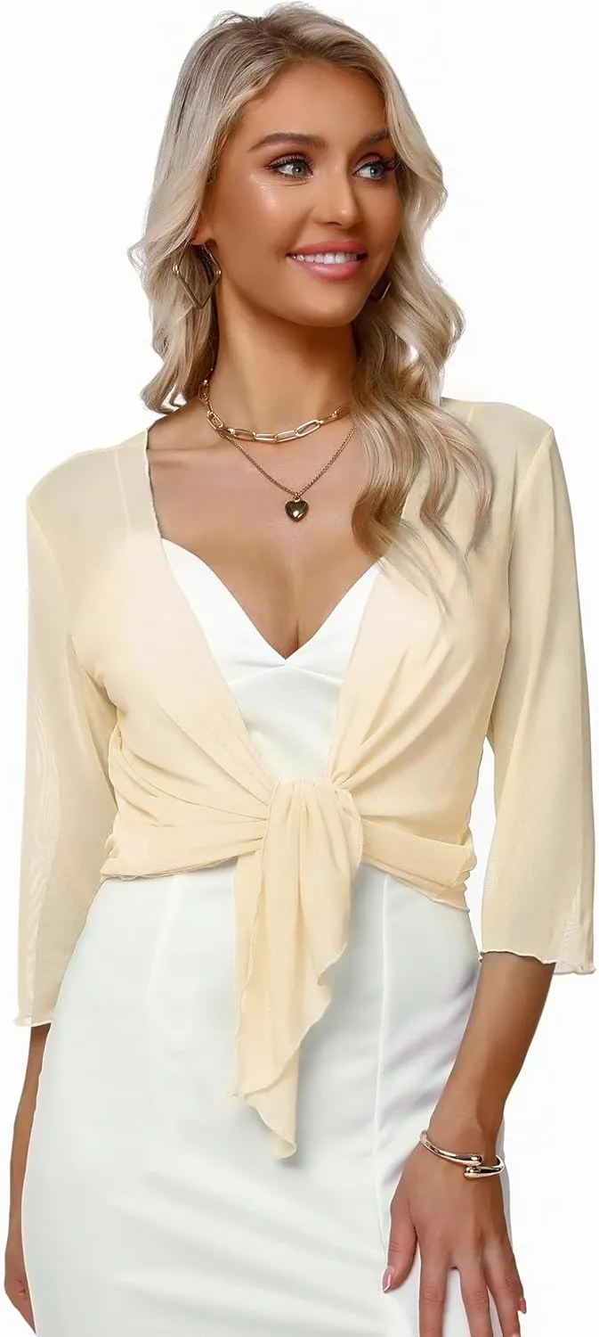 Aiboria Womens 3/4 Sleeve Shrug Sheer Mesh Bolero Tie Front Cropped Cardigan S-XXL