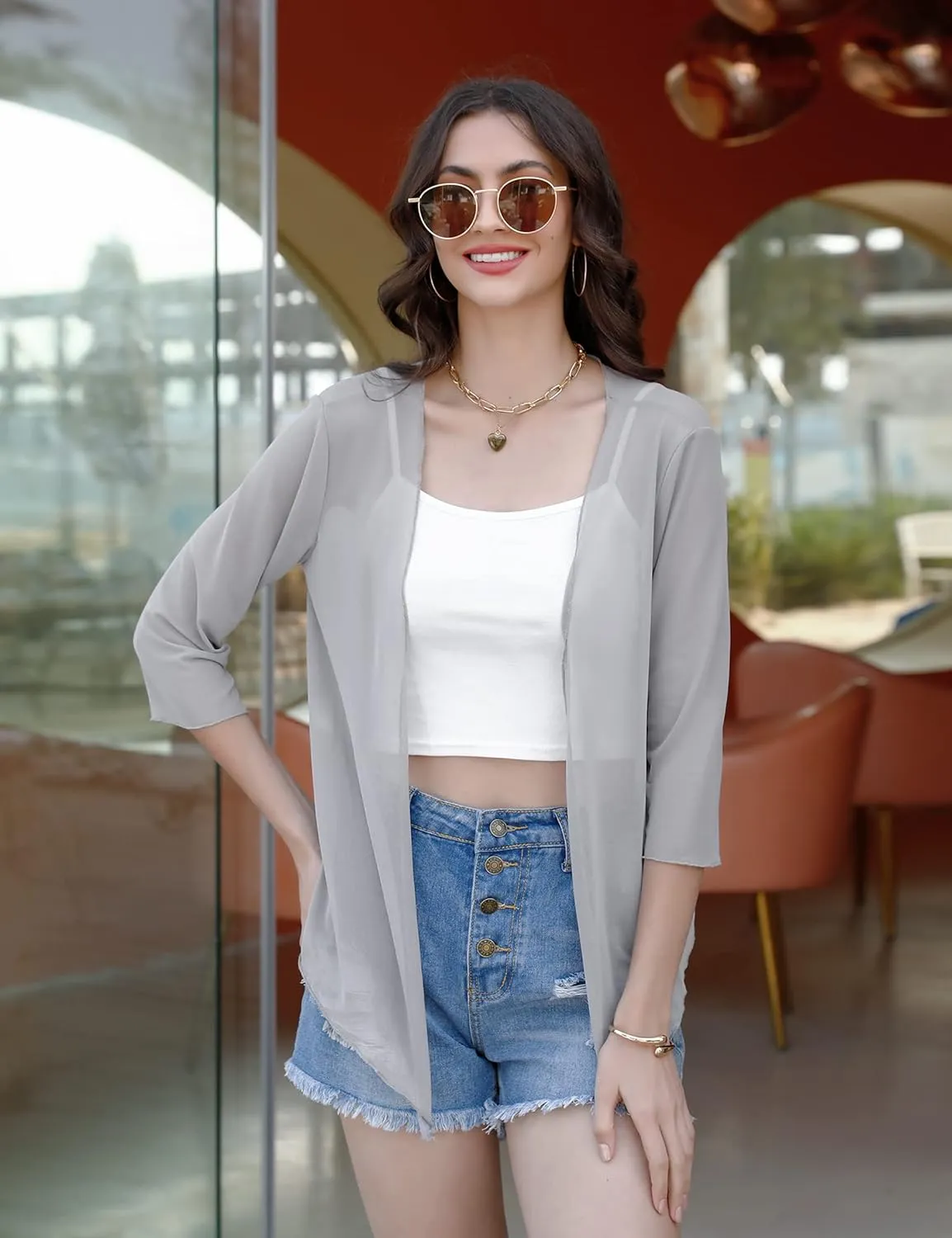 Aiboria Womens 3/4 Sleeve Shrug Sheer Mesh Bolero Tie Front Cropped Cardigan S-XXL