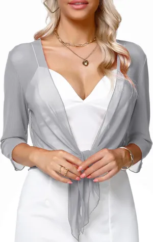 Aiboria Womens 3/4 Sleeve Shrug Sheer Mesh Bolero Tie Front Cropped Cardigan S-XXL