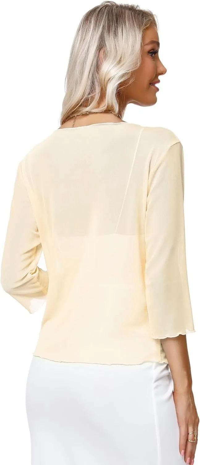 Aiboria Womens 3/4 Sleeve Shrug Sheer Mesh Bolero Tie Front Cropped Cardigan S-XXL