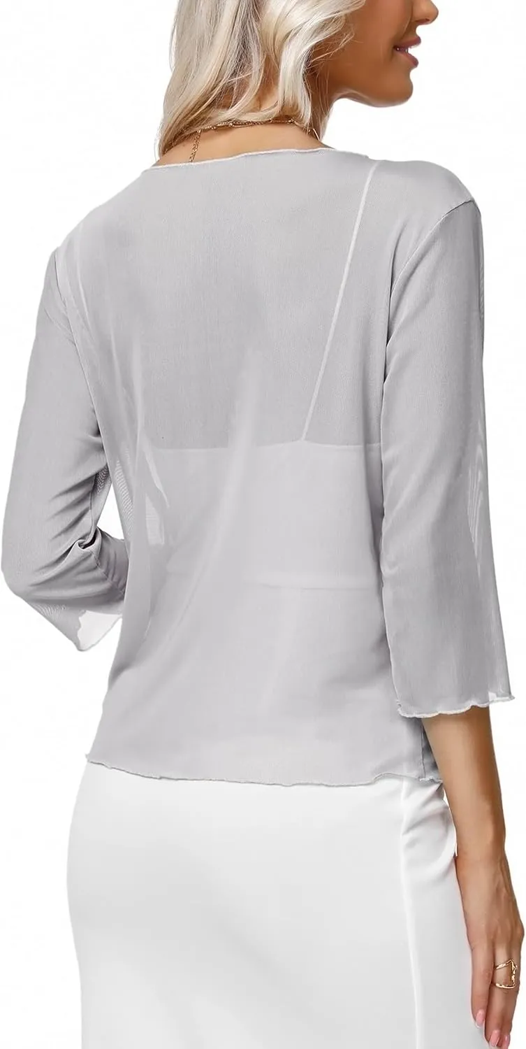 Aiboria Womens 3/4 Sleeve Shrug Sheer Mesh Bolero Tie Front Cropped Cardigan S-XXL