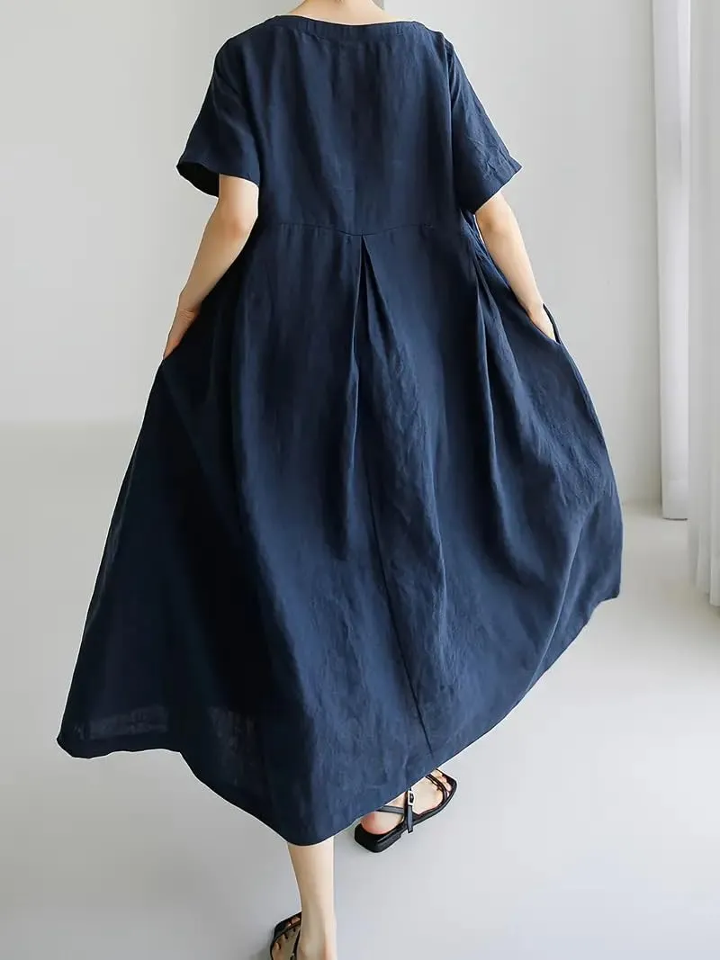 Akivide Women's Summer Flowy Cotton Linen Short Sleeve Maxi Dress Casual Plus Size Crewneck Beach Tshirt Dress with Pockets