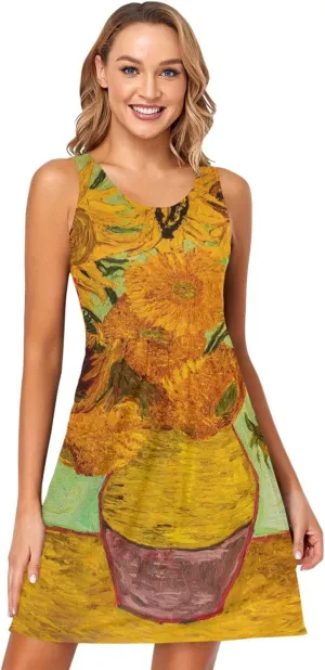ALAZA Swan Flower Floral Women Summer Dresses Casual Sleeveless Sundress with Pockets Tank Dress