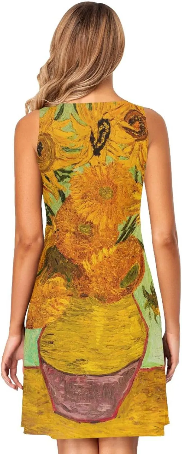 ALAZA Swan Flower Floral Women Summer Dresses Casual Sleeveless Sundress with Pockets Tank Dress