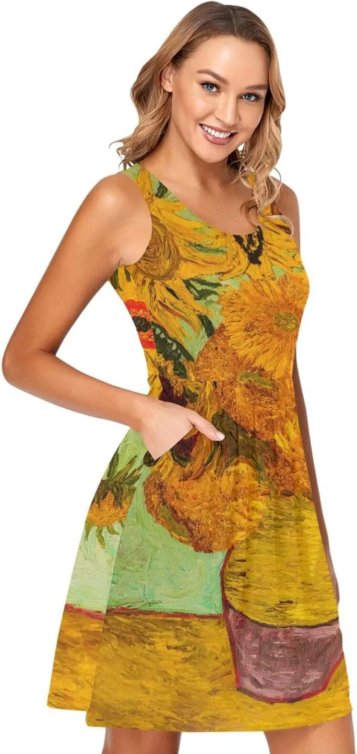 ALAZA Swan Flower Floral Women Summer Dresses Casual Sleeveless Sundress with Pockets Tank Dress