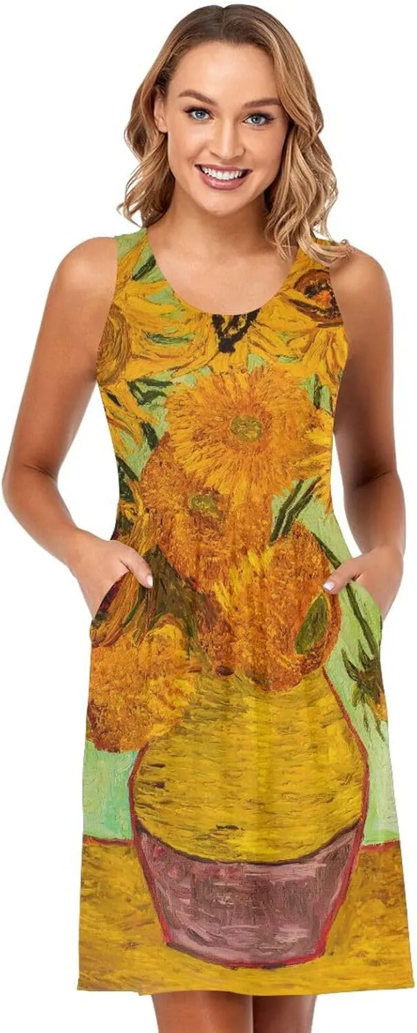 ALAZA Swan Flower Floral Women Summer Dresses Casual Sleeveless Sundress with Pockets Tank Dress