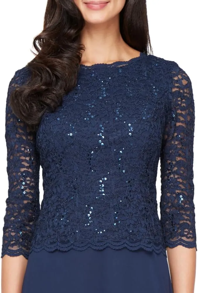 Alex Evenings Women's 3/4 Sleeve Stretch Lace Bodice One Piece Mother of The Bride Dress (Petite and Regular Sizes)