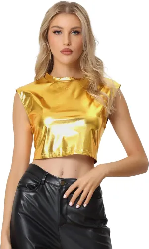 Allegra K Metallic Crop Top for Women's Halloween Shiny Sleeveless Holographic Party Tank Tops