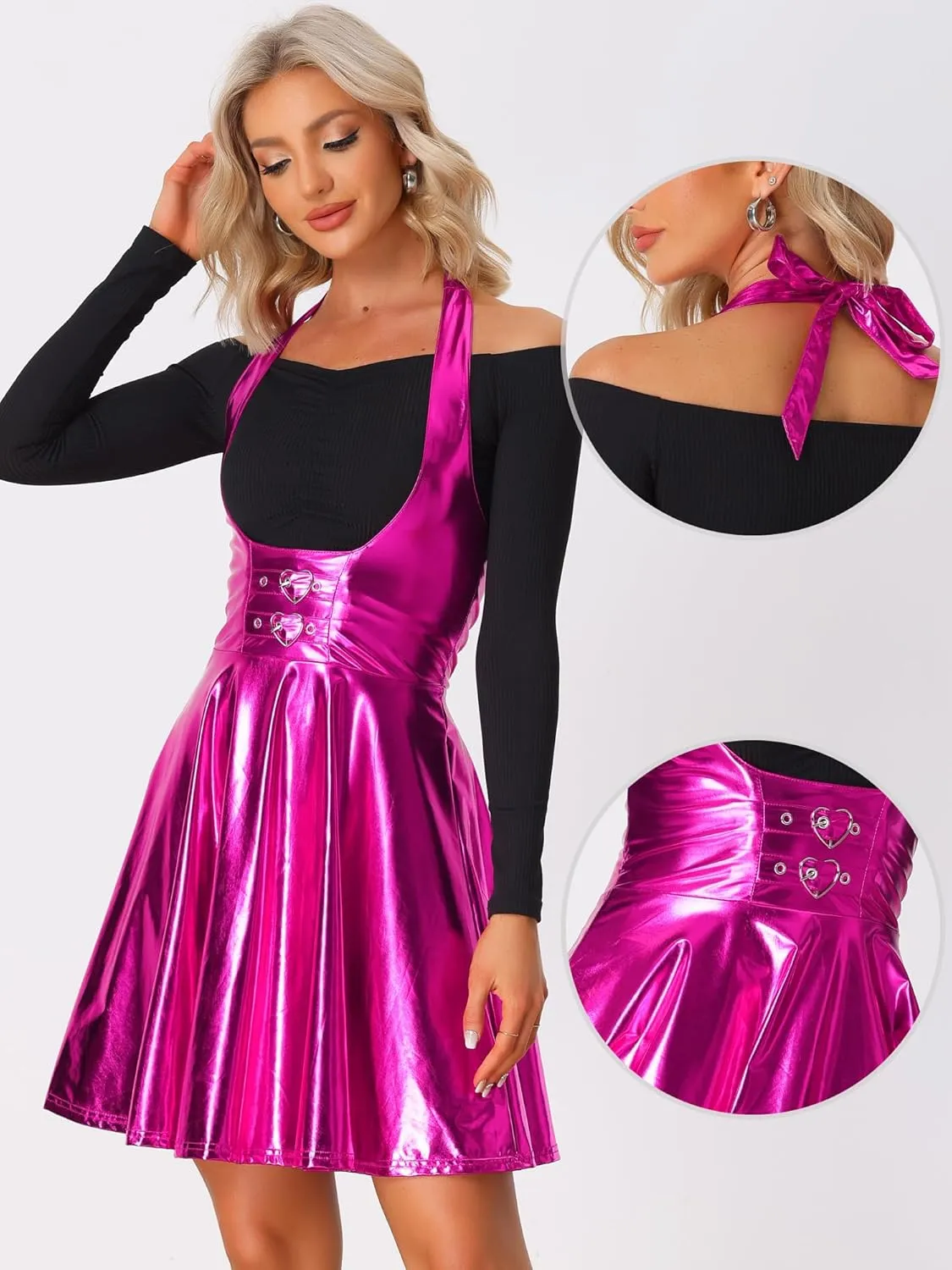 Allegra K Metallic Skirts for Women's Holographic Party Shimmering High Waist Gothic Suspender Skirt