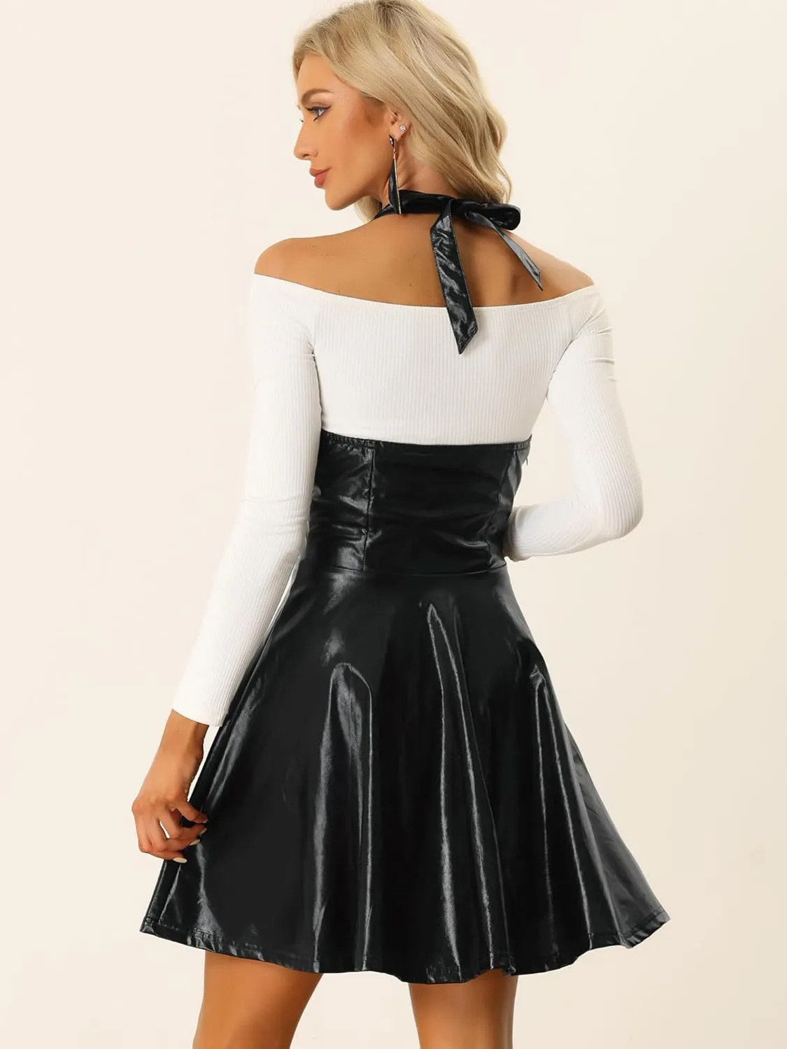 Allegra K Metallic Skirts for Women's Holographic Party Shimmering High Waist Gothic Suspender Skirt