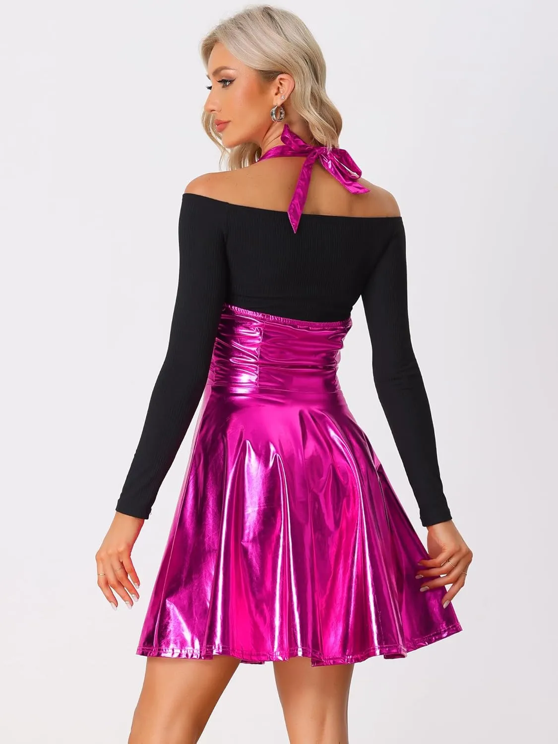 Allegra K Metallic Skirts for Women's Holographic Party Shimmering High Waist Gothic Suspender Skirt
