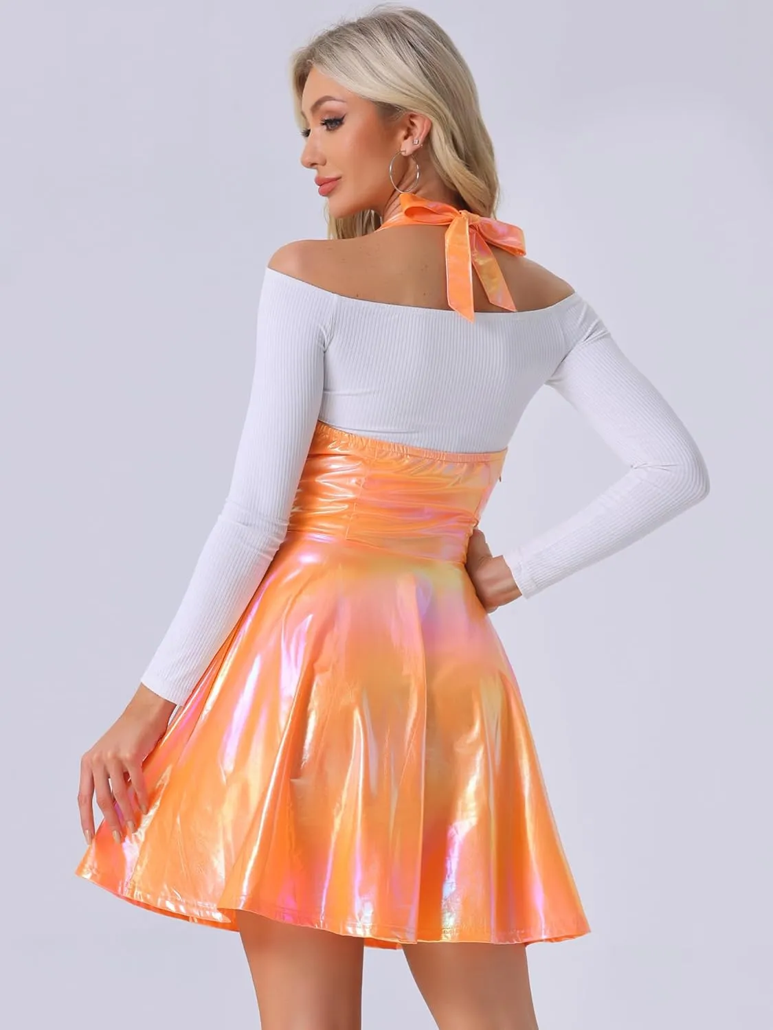 Allegra K Metallic Skirts for Women's Holographic Party Shimmering High Waist Gothic Suspender Skirt