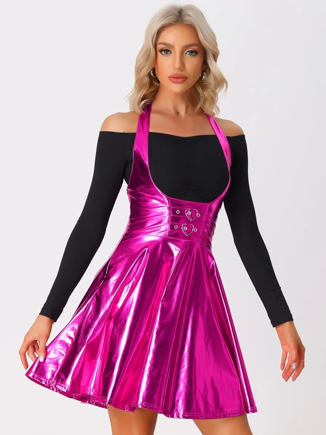 Allegra K Metallic Skirts for Women's Holographic Party Shimmering High Waist Gothic Suspender Skirt