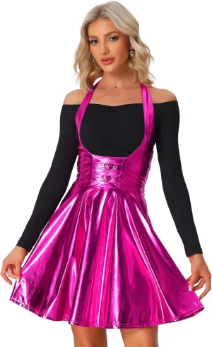Allegra K Metallic Skirts for Women's Holographic Party Shimmering High Waist Gothic Suspender Skirt