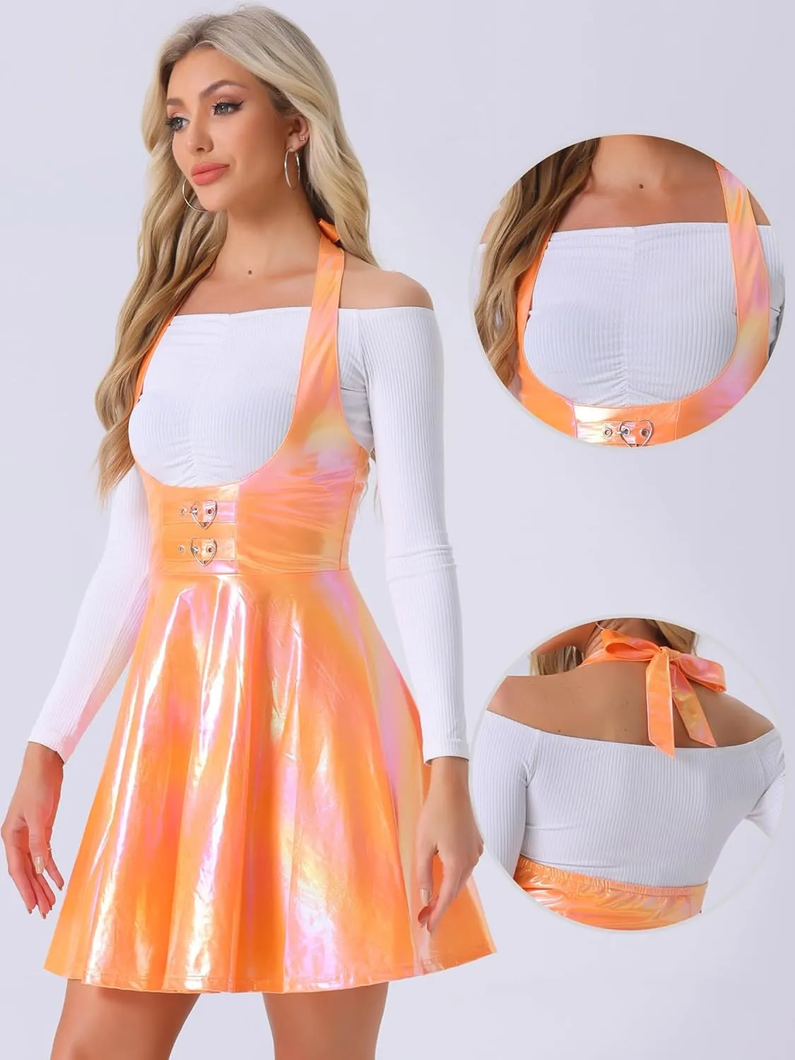 Allegra K Metallic Skirts for Women's Holographic Party Shimmering High Waist Gothic Suspender Skirt
