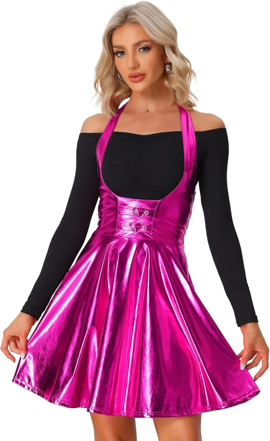 Allegra K Metallic Skirts for Women's Holographic Party Shimmering High Waist Gothic Suspender Skirt