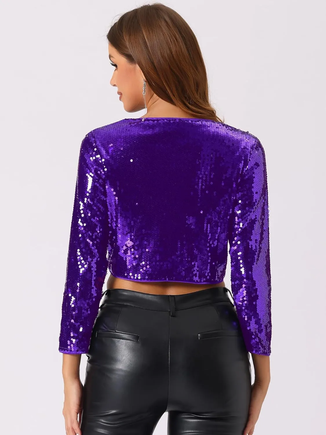 Allegra K Women's Halloween Costume Sequin Jacket Sparkly Party 3/4 Sleeve Open Front Crop Bolero Shrug Cardigan