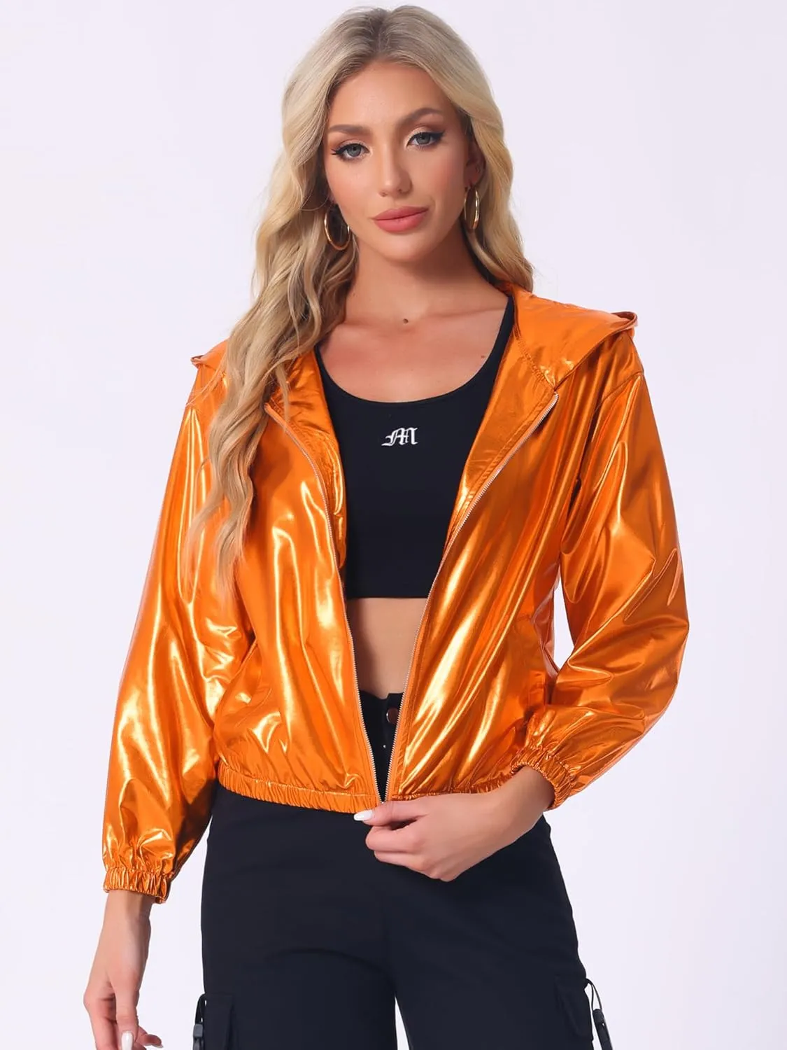 Allegra K Women's Holographic Party Shimmering Shiny Lightweight Zipper Hooded Metallic Jacket