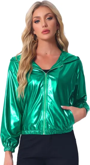 Allegra K Women's Holographic Party Shimmering Shiny Lightweight Zipper Hooded Metallic Jacket