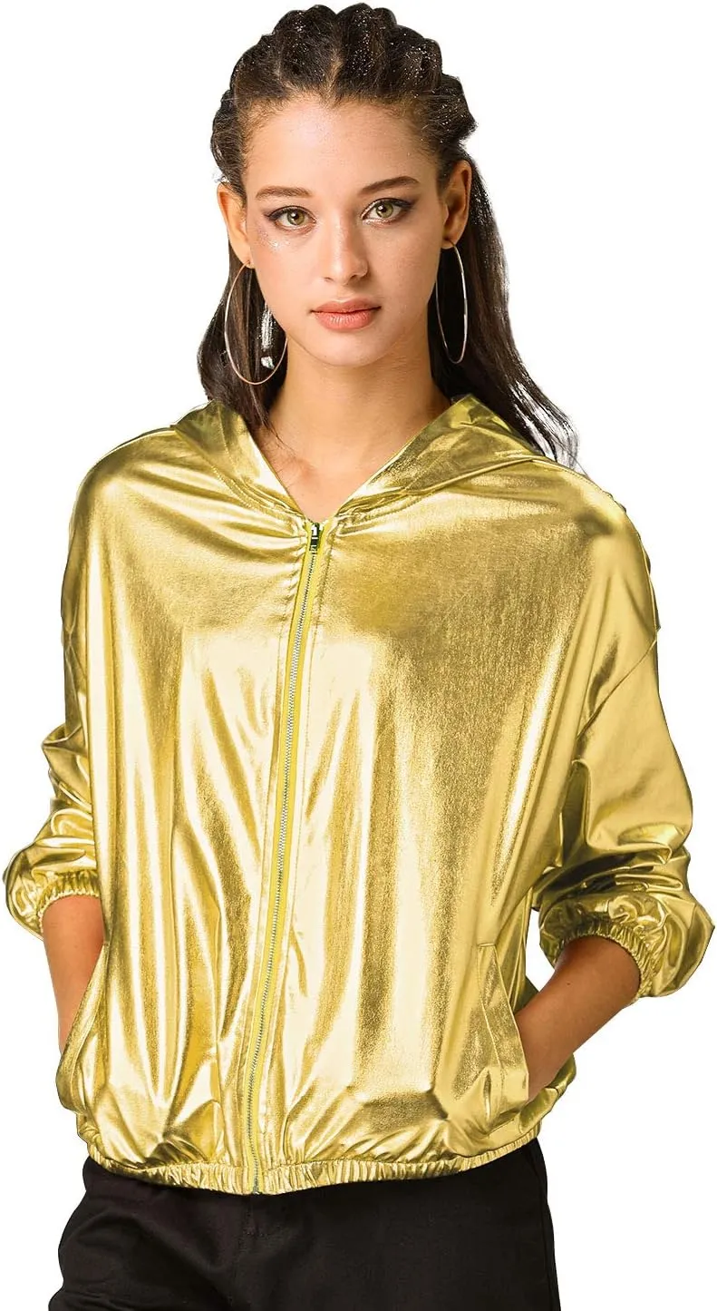 Allegra K Women's Holographic Party Shimmering Shiny Lightweight Zipper Hooded Metallic Jacket