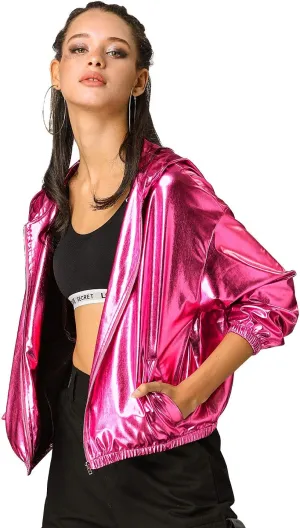 Allegra K Women's Holographic Party Shimmering Shiny Lightweight Zipper Hooded Metallic Jacket