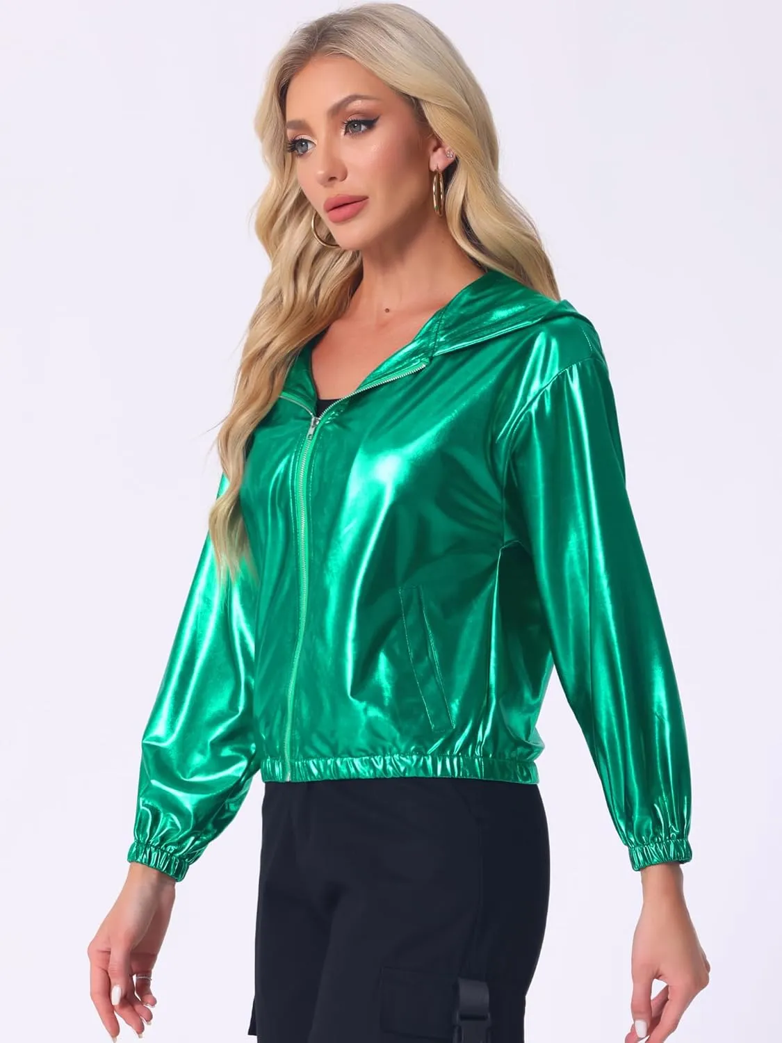 Allegra K Women's Holographic Party Shimmering Shiny Lightweight Zipper Hooded Metallic Jacket