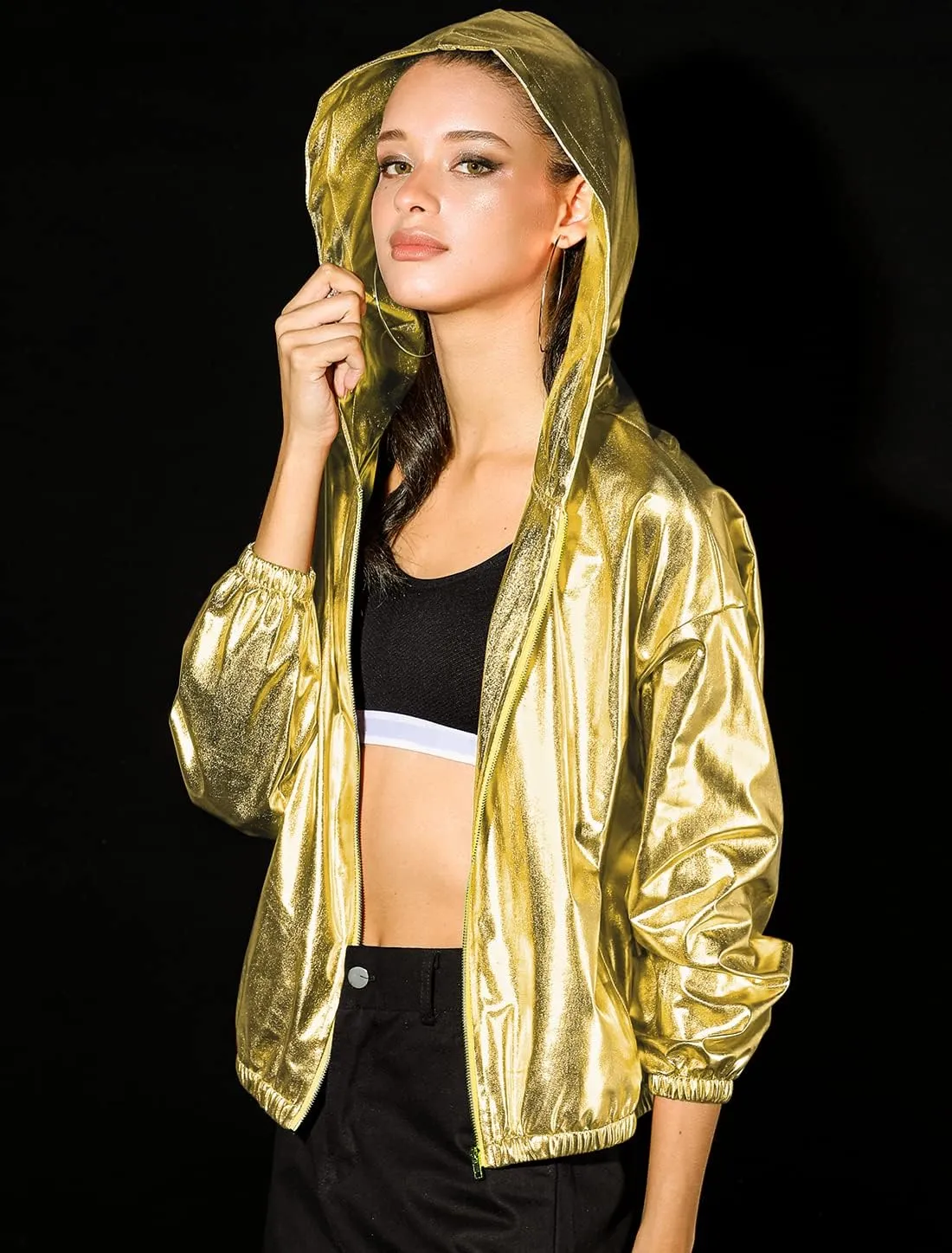Allegra K Women's Holographic Party Shimmering Shiny Lightweight Zipper Hooded Metallic Jacket