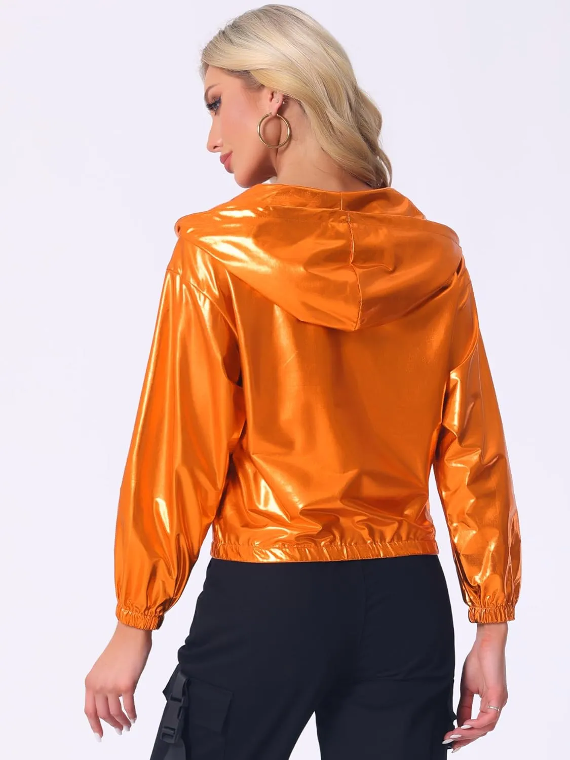 Allegra K Women's Holographic Party Shimmering Shiny Lightweight Zipper Hooded Metallic Jacket