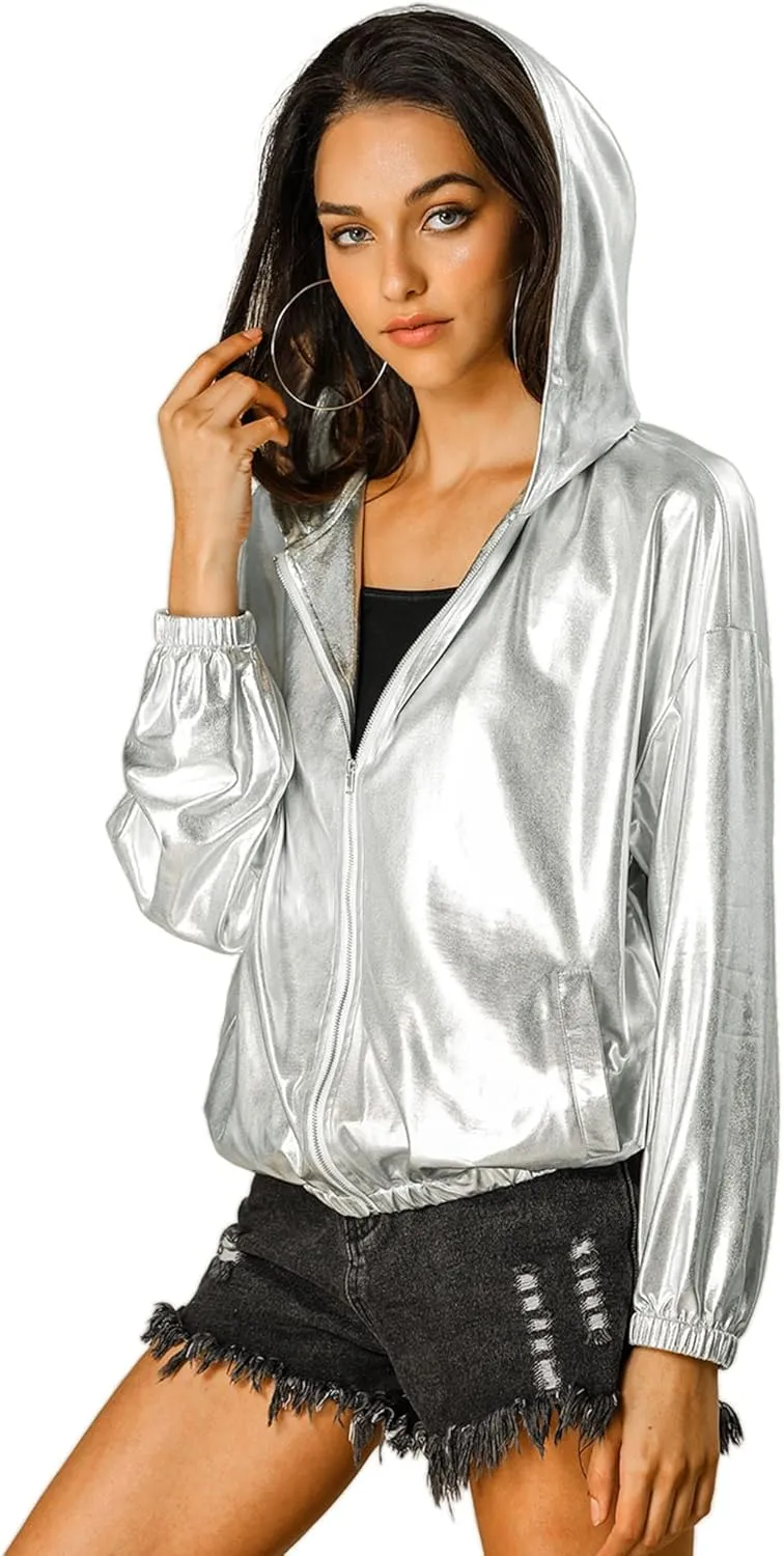 Allegra K Women's Holographic Party Shimmering Shiny Lightweight Zipper Hooded Metallic Jacket