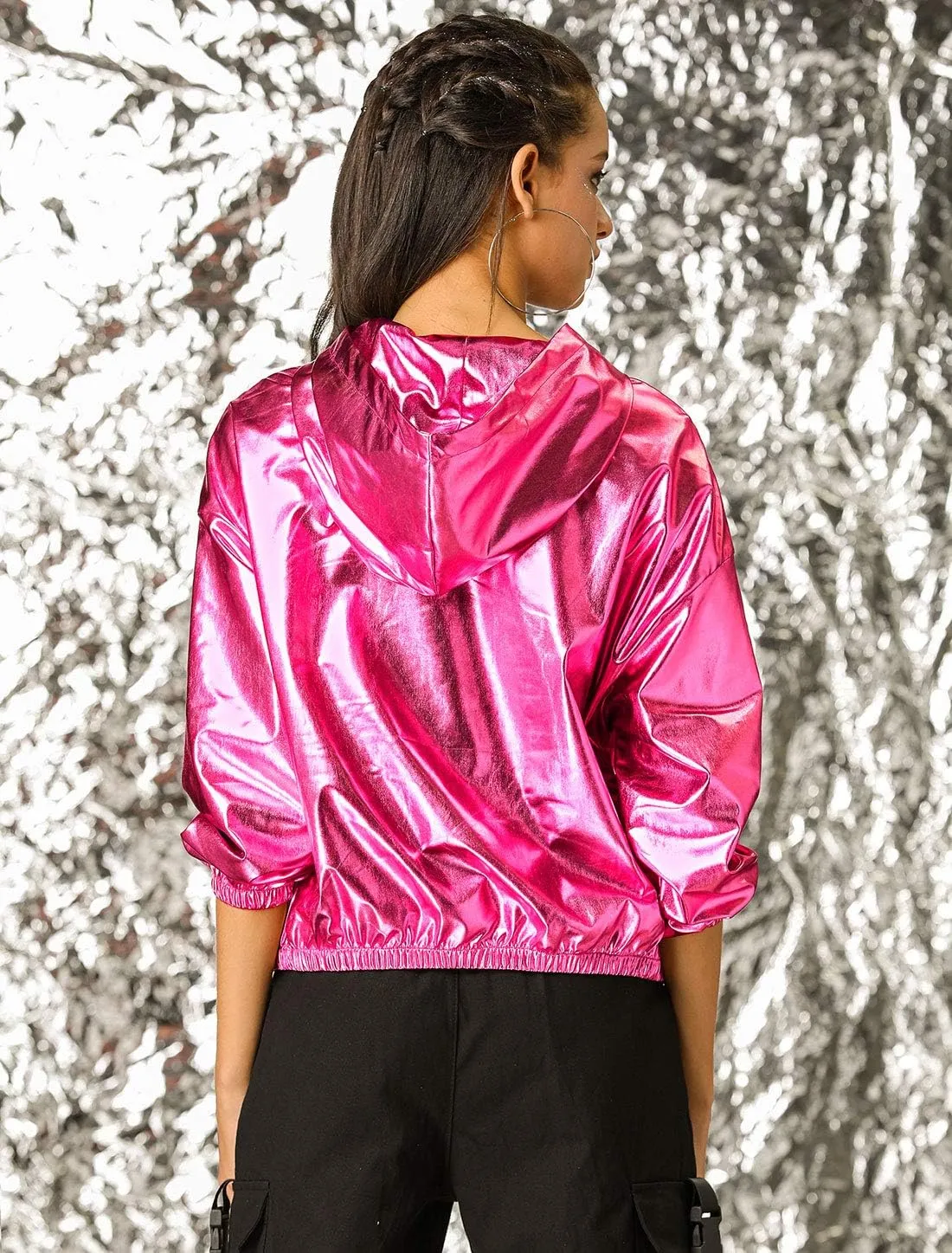 Allegra K Women's Holographic Party Shimmering Shiny Lightweight Zipper Hooded Metallic Jacket