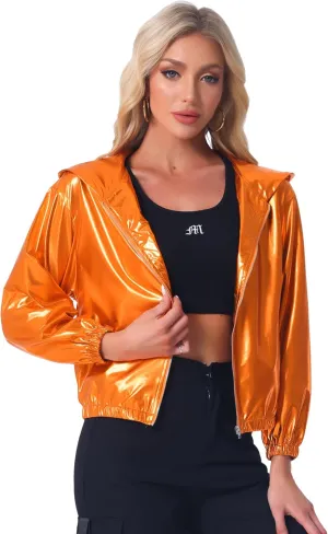 Allegra K Women's Holographic Party Shimmering Shiny Lightweight Zipper Hooded Metallic Jacket