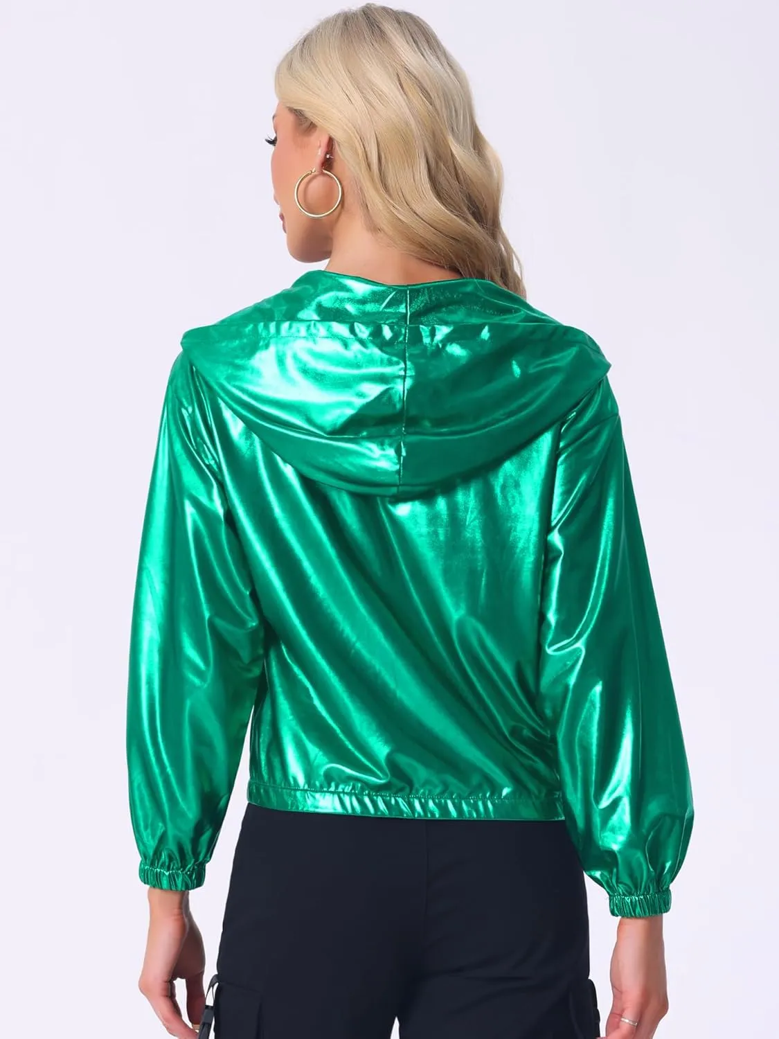 Allegra K Women's Holographic Party Shimmering Shiny Lightweight Zipper Hooded Metallic Jacket