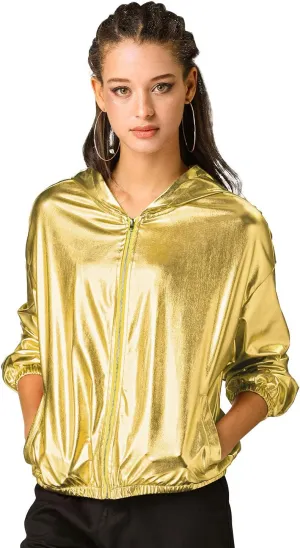 Allegra K Women's Holographic Party Shimmering Shiny Lightweight Zipper Hooded Metallic Jacket