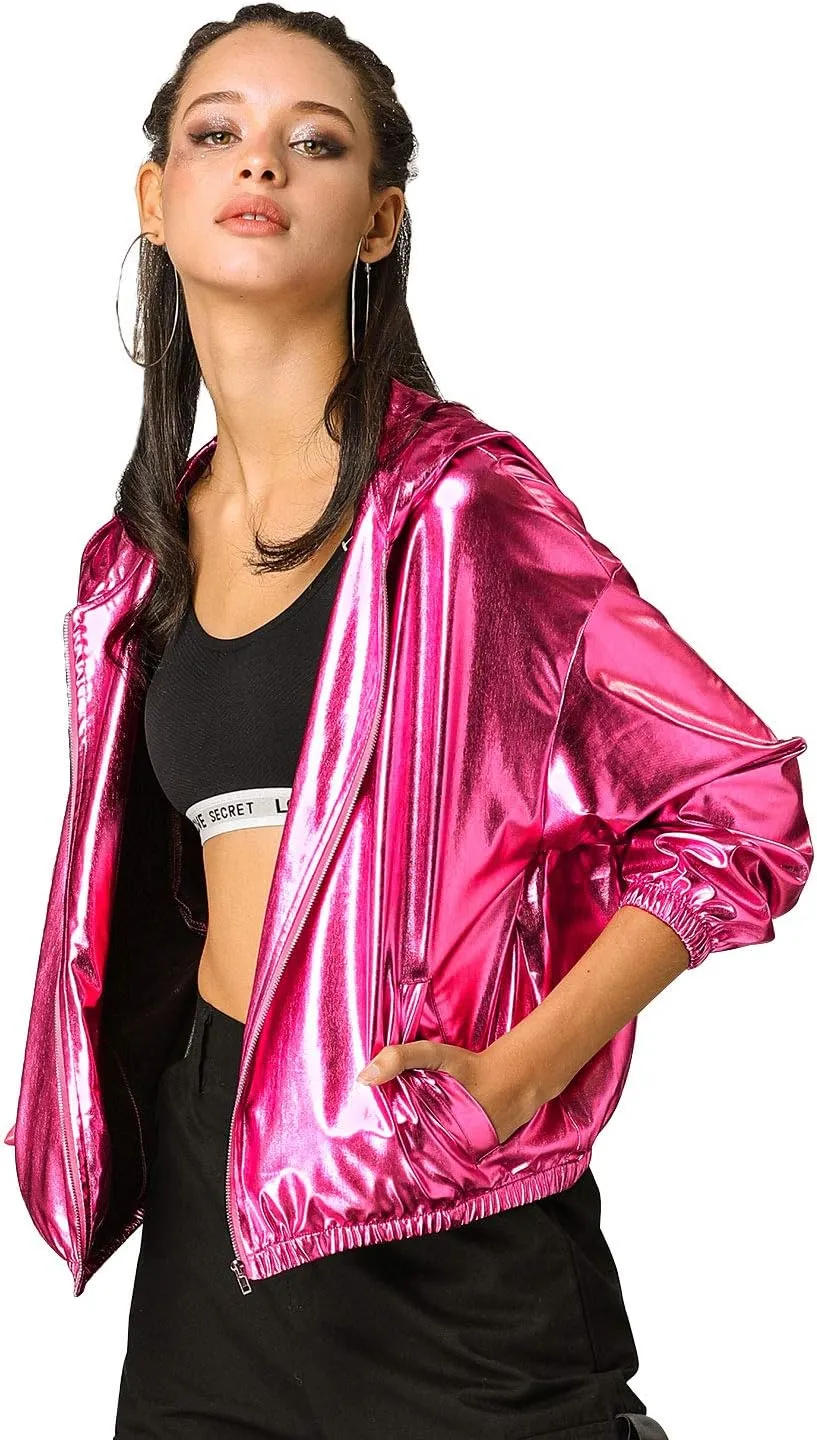 Allegra K Women's Holographic Party Shimmering Shiny Lightweight Zipper Hooded Metallic Jacket