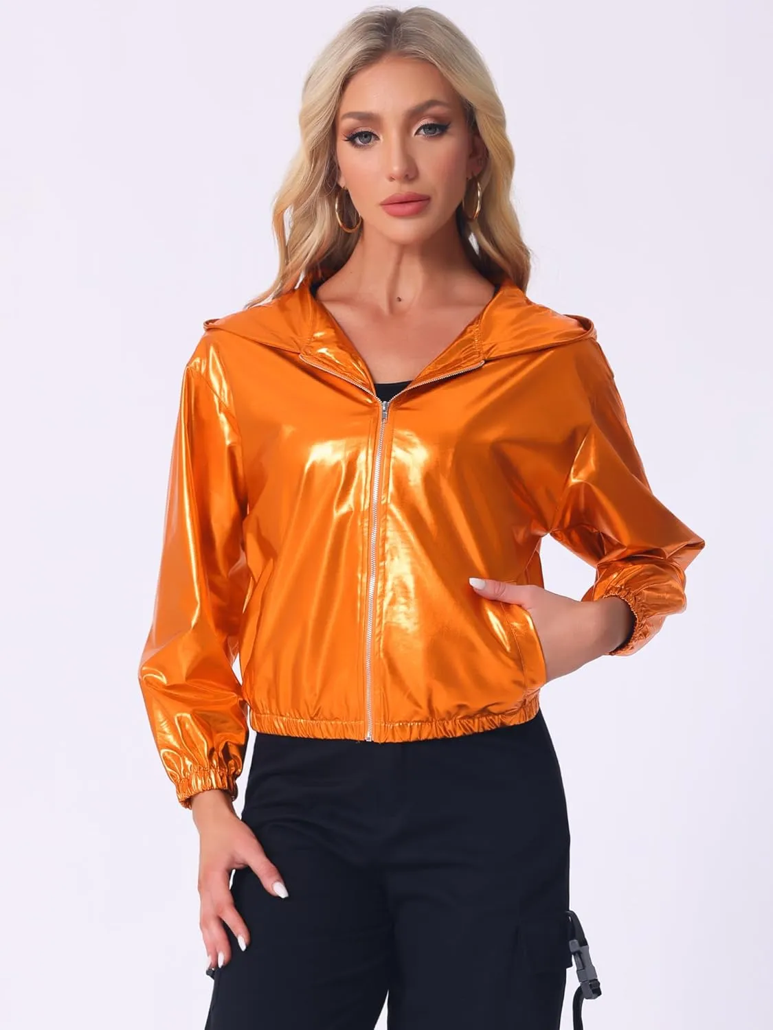 Allegra K Women's Holographic Party Shimmering Shiny Lightweight Zipper Hooded Metallic Jacket