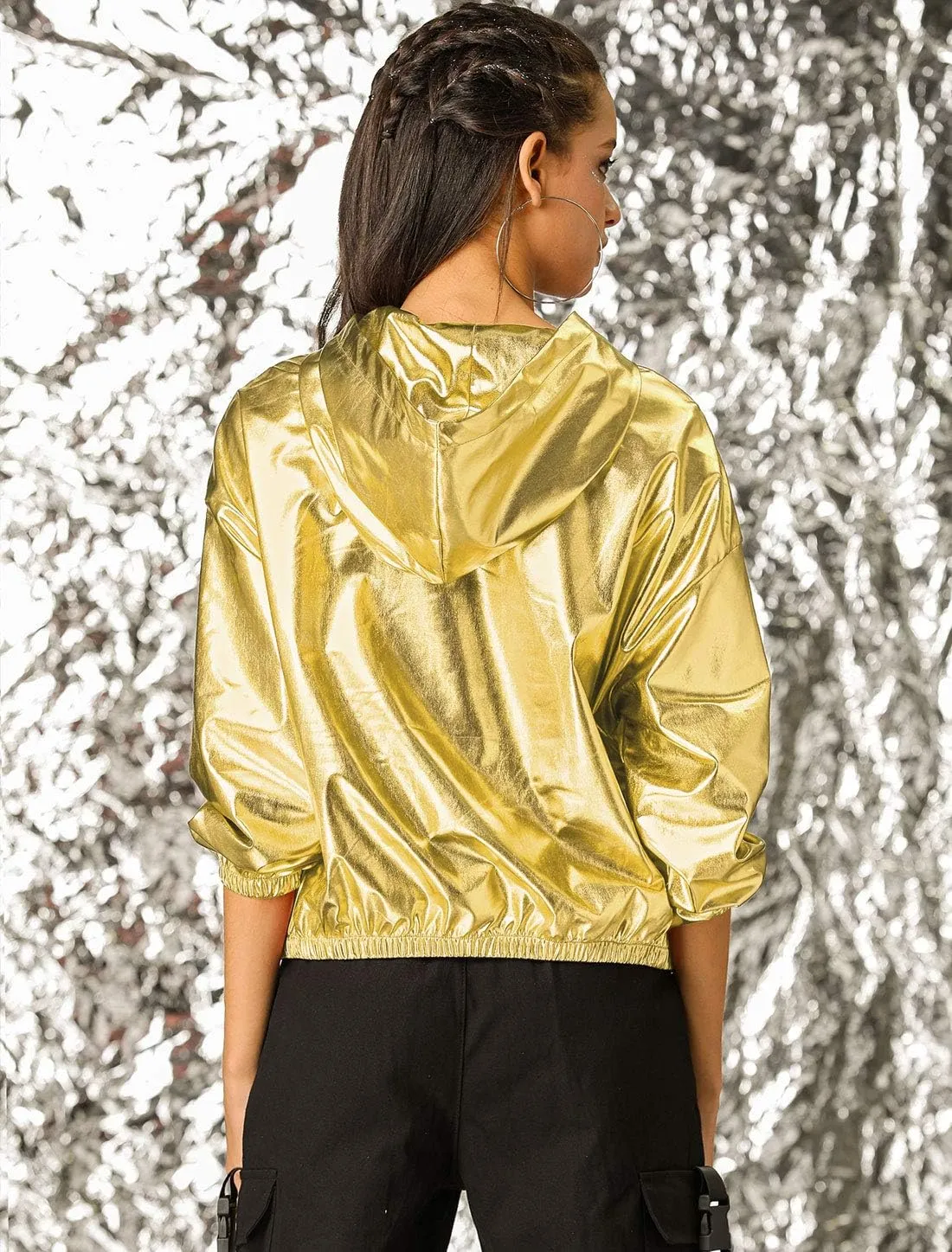 Allegra K Women's Holographic Party Shimmering Shiny Lightweight Zipper Hooded Metallic Jacket