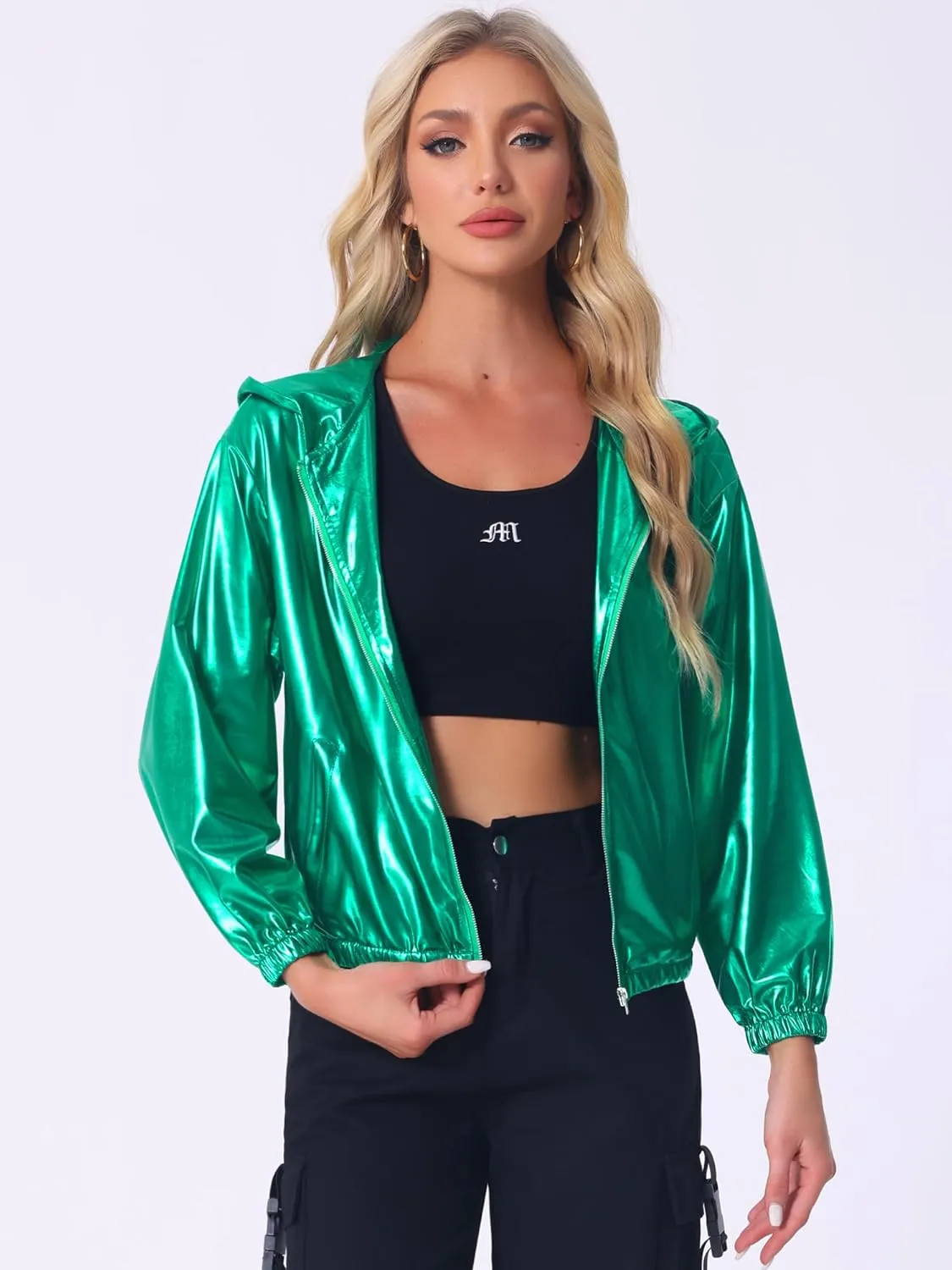 Allegra K Women's Holographic Party Shimmering Shiny Lightweight Zipper Hooded Metallic Jacket