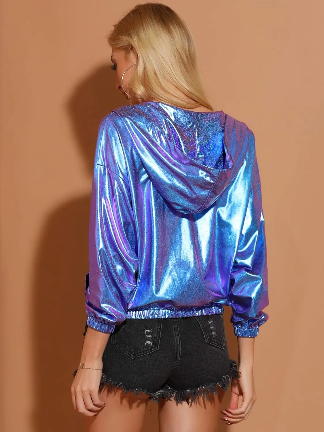Allegra K Women's Holographic Party Shimmering Shiny Lightweight Zipper Hooded Metallic Jacket