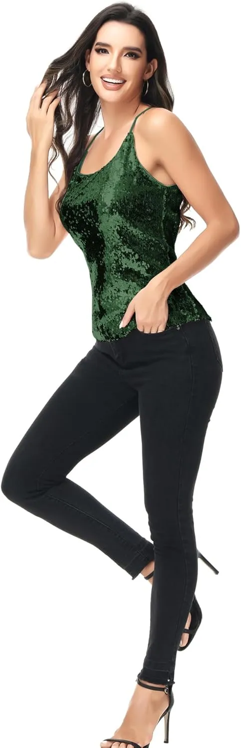 Anna-Kaci Womens All Over Shiny Sequin Spaghetti Strap Vest Camisole Tank Top