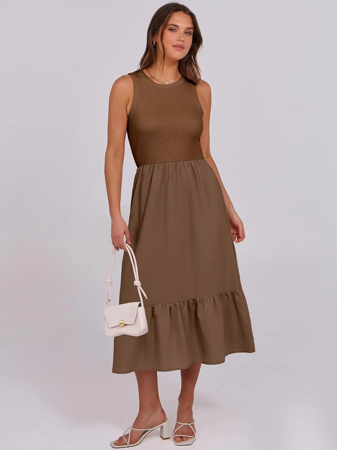 ANRABESS Women Midi Dresses 2025 Summer Casual Sleeveless Sundress High Neck Tank Top Racerback Flowy Beach Dress  Pockets