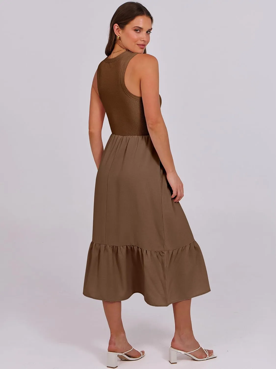 ANRABESS Women Midi Dresses 2025 Summer Casual Sleeveless Sundress High Neck Tank Top Racerback Flowy Beach Dress  Pockets