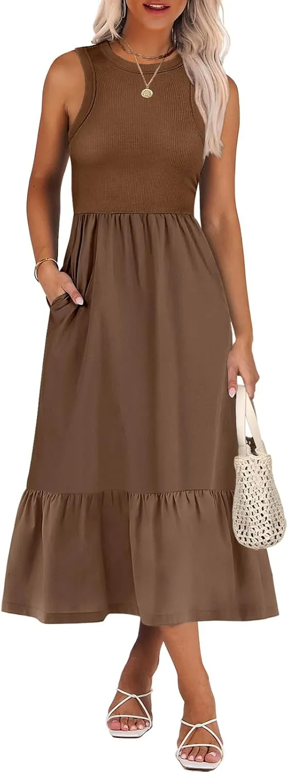 ANRABESS Women Midi Dresses 2025 Summer Casual Sleeveless Sundress High Neck Tank Top Racerback Flowy Beach Dress  Pockets