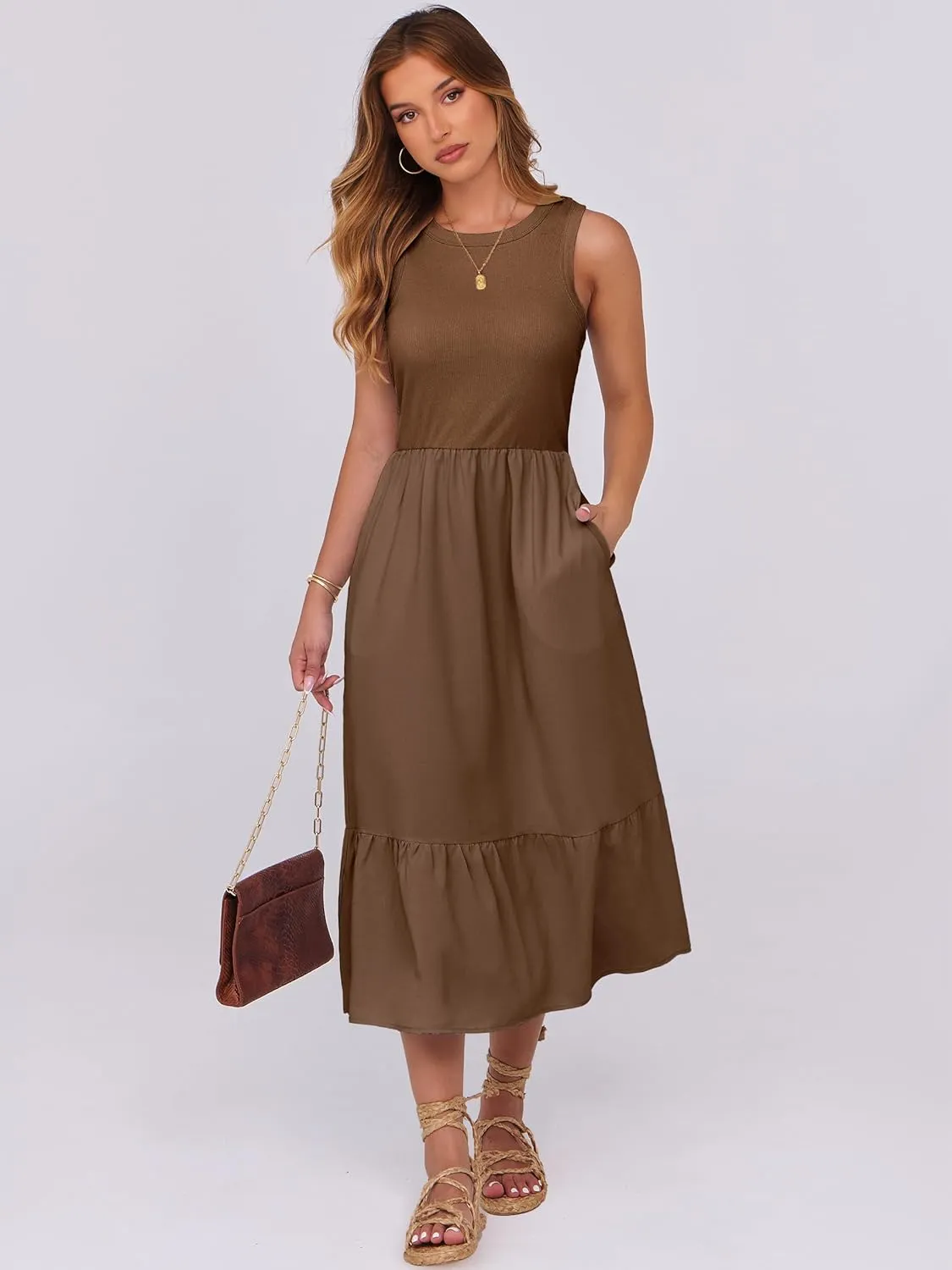 ANRABESS Women Midi Dresses 2025 Summer Casual Sleeveless Sundress High Neck Tank Top Racerback Flowy Beach Dress  Pockets