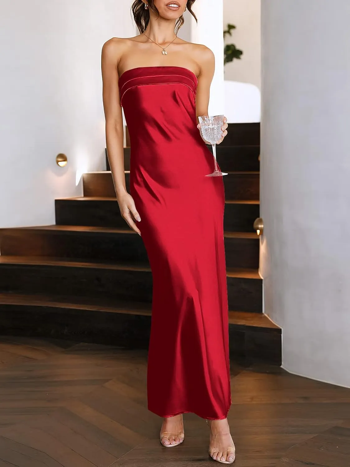 ANRABESS Women Summer Wedding Guest Maxi Dress Strapless Satin Tube Bodycon Backless Cocktail Formal Dresses 2025 Spring