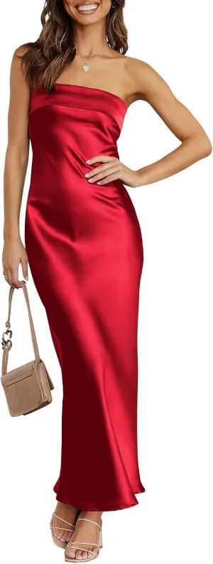 ANRABESS Women Summer Wedding Guest Maxi Dress Strapless Satin Tube Bodycon Backless Cocktail Formal Dresses 2025 Spring